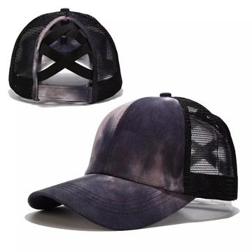 Black Smoke Tie Dye Criss Cross Ponytail Adult Hat