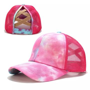 Pink Tie Dye Criss Cross Ponytail Adult Hat