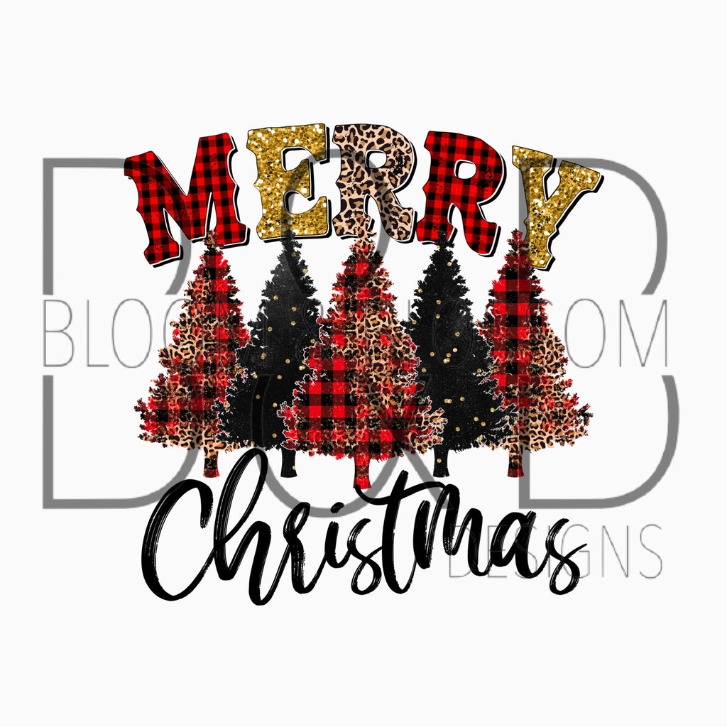 Merry Christmas Trees Grunge Leopard & Plaid Sublimation Print