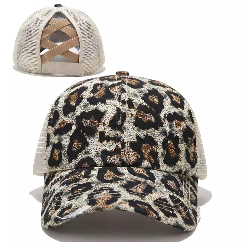 Distressed Leopard Criss Cross Ponytail Adult Hat