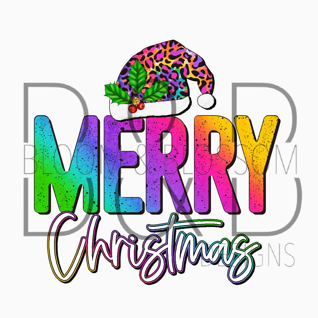 Merry Christmas Hat Leopard Rainbow Sublimation Print