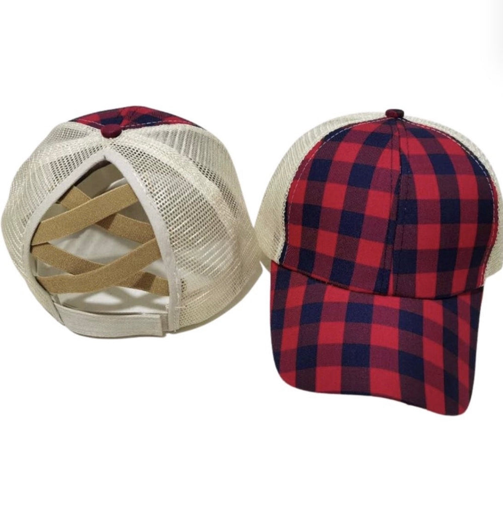 Red Plaid Criss Cross Ponytail Adult Hat