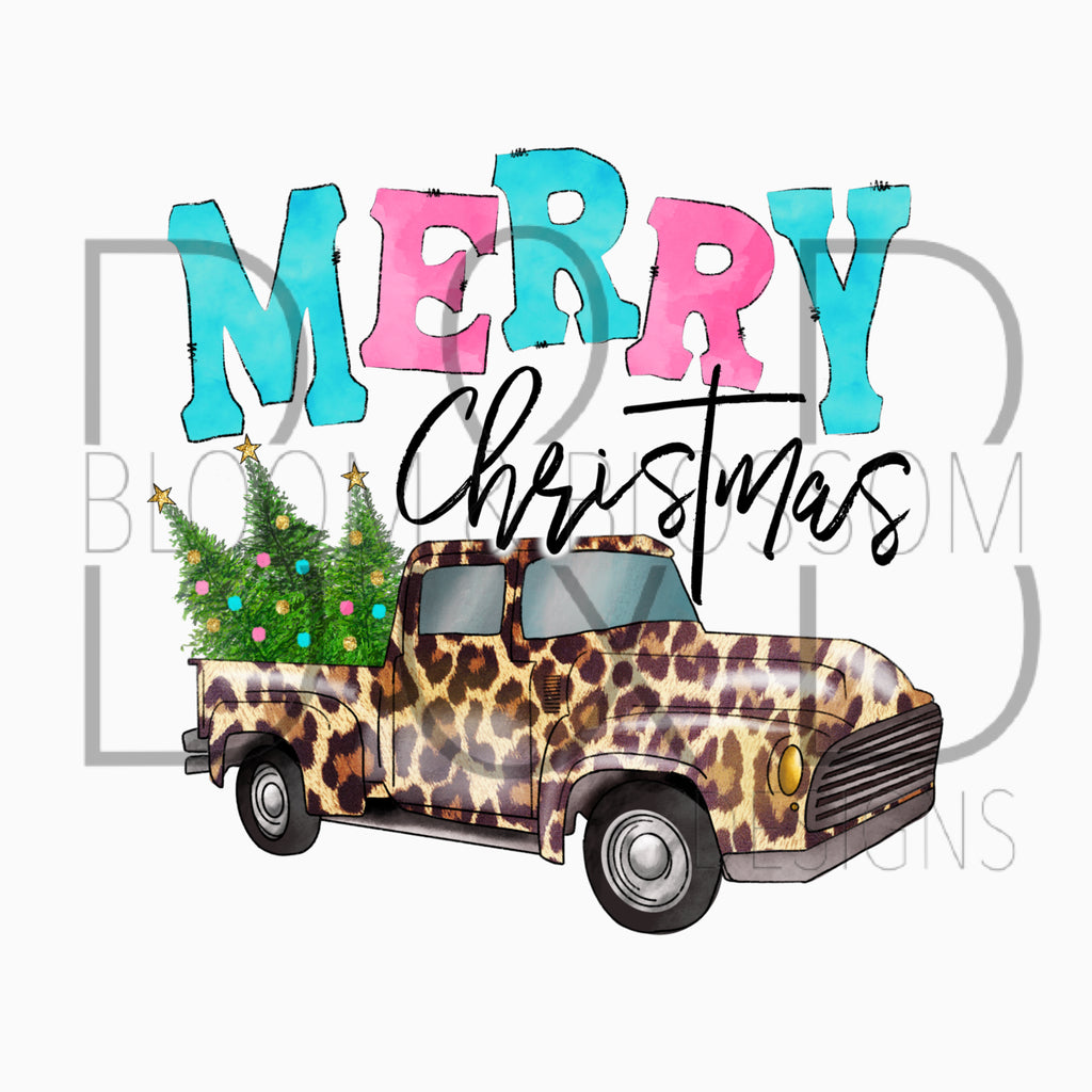 Merry Christmas Truck Pink Blue Leopard Sublimation Print