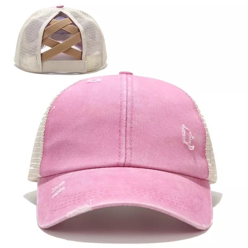 Pink Criss Cross Ponytail Adult Hat