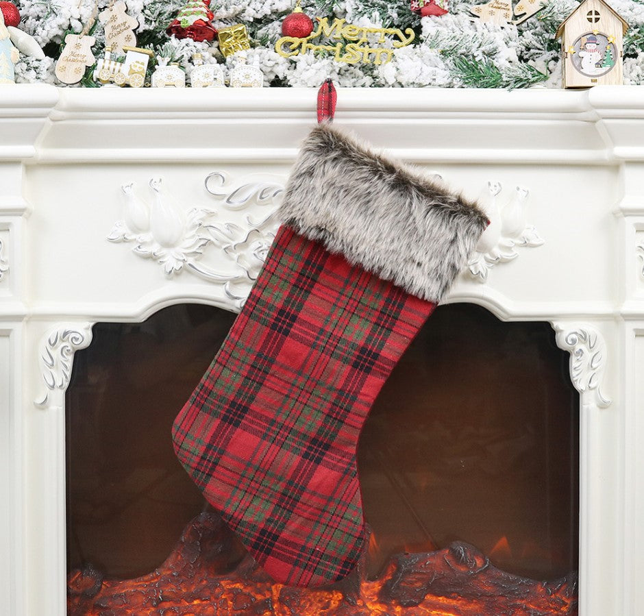 Plaid Faux Fur Christmas Stockings