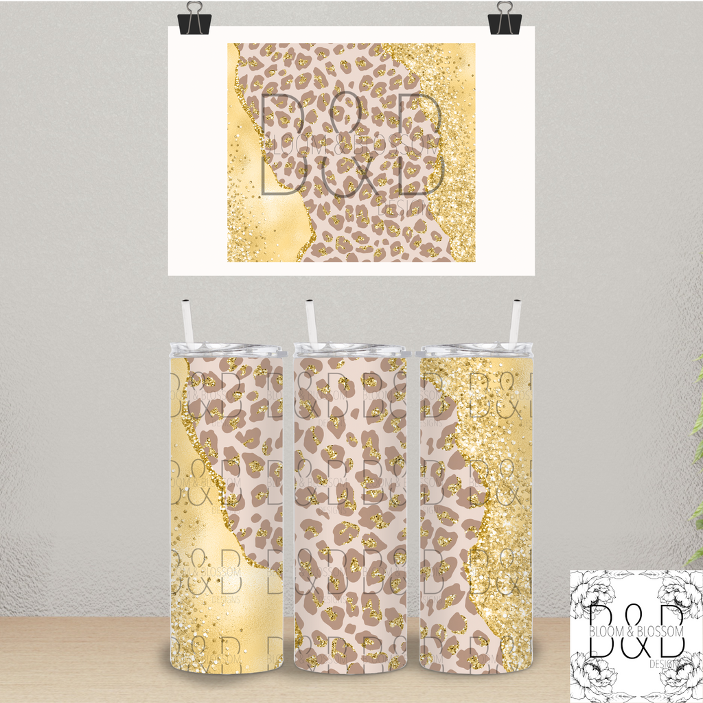 Tan Leopard Gold Glitter 20oz 25oz Full Wrap Sublimation Print