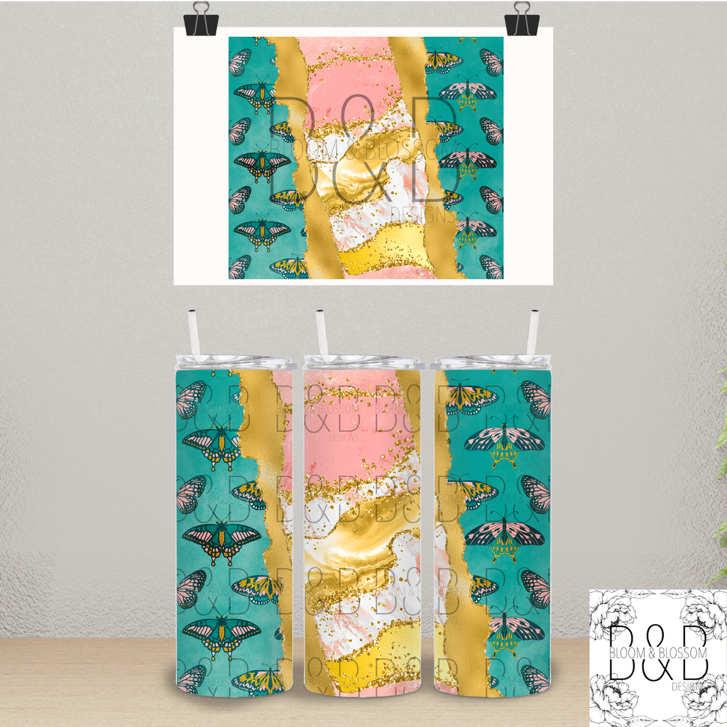 Gold Pink Teal Butterfly 20oz 25oz Full Wrap Sublimation Print